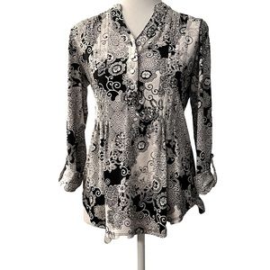 Westport Fit & Flare 3-D Print Silvertone Bodice Button V-Neck Blouse XS